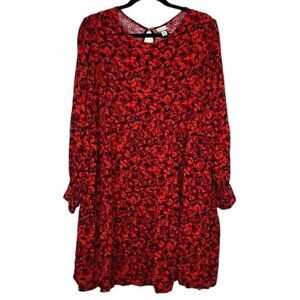 a new day Red and Black Floral Print Long Sleeve Babydoll Dress Size XXL